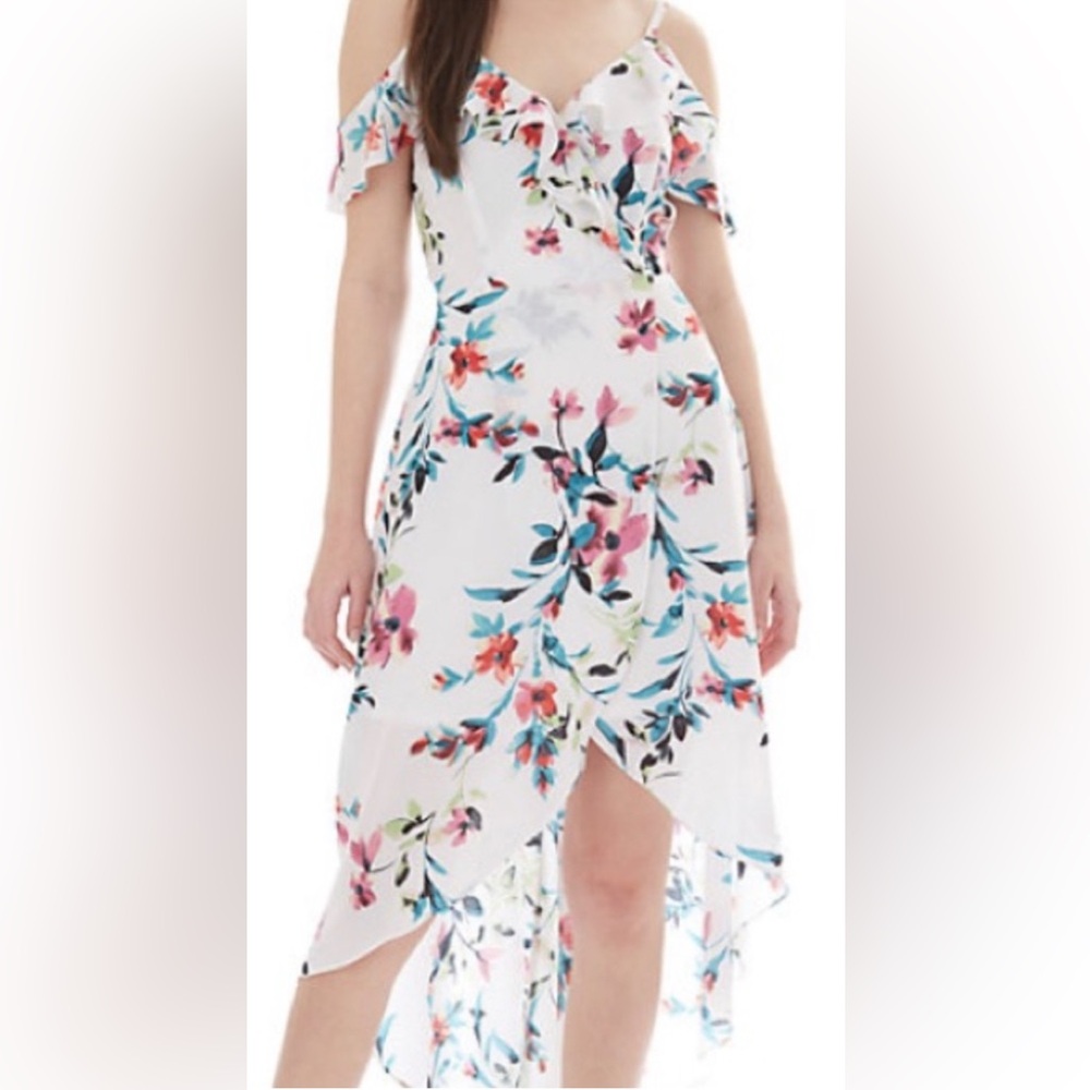 Iz Byer White/Floral High Low Wrap Sundress